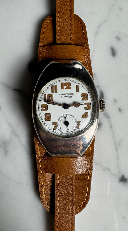 Movado Vintage Military Trench Watch Sterling Silver Large Case Porcelain Dial 1920s (Unpolished)