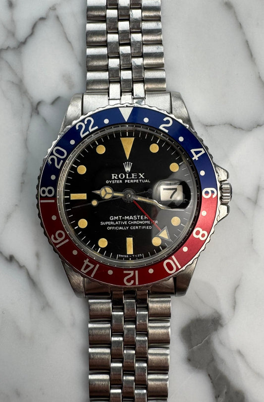 Rolex GMT-Master 1675 MK1 Long E Pepsi Insert Zinc Sulfide Yellow Patina Lume 1968