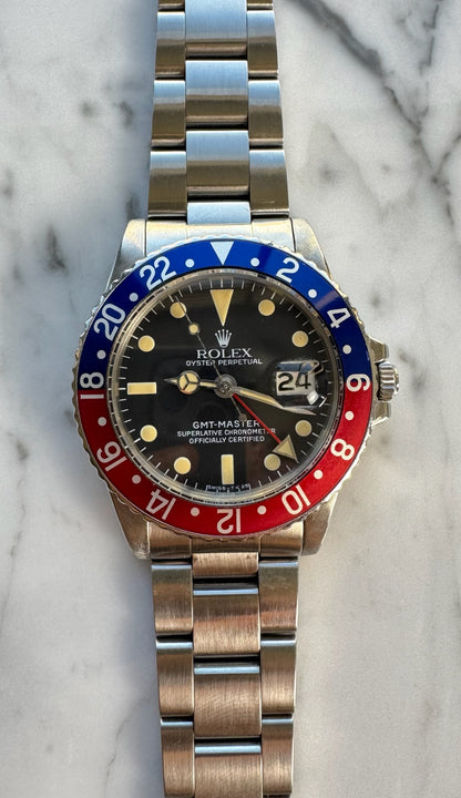 Rolex GMT-Master 1675 Pepsi Matte Tritium Dial Yellow Patina Vintage 1970