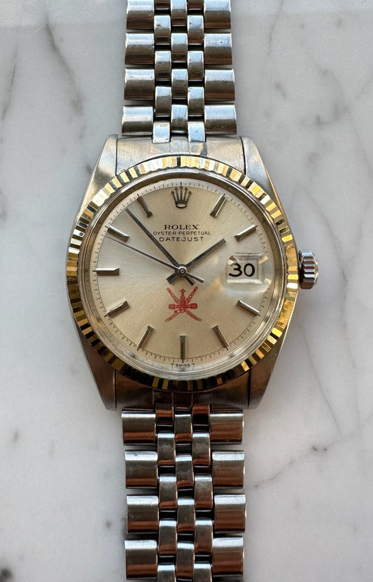 Rolex Datejust 36 1601 Red Khanjar Sultanate Of Oman Logo Silver Dial No Lume 1971 (Serviced)