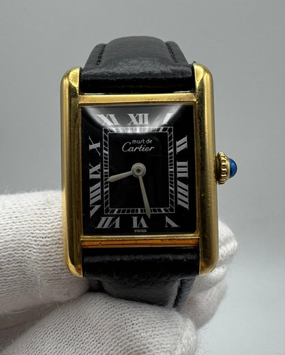 Cartier Tank Vermeil Gold Plated Black Roman Dial 1990 (Unpolished/Serviced)