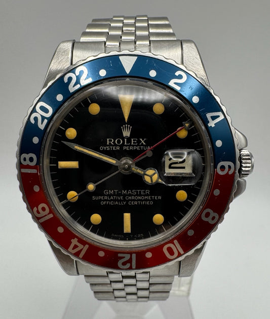 Rolex GMT-Master 1675 Glossy Gilt Mega Font Pepsi Insert Heavy Zinc Sulfide Patina 1964 (Serviced)