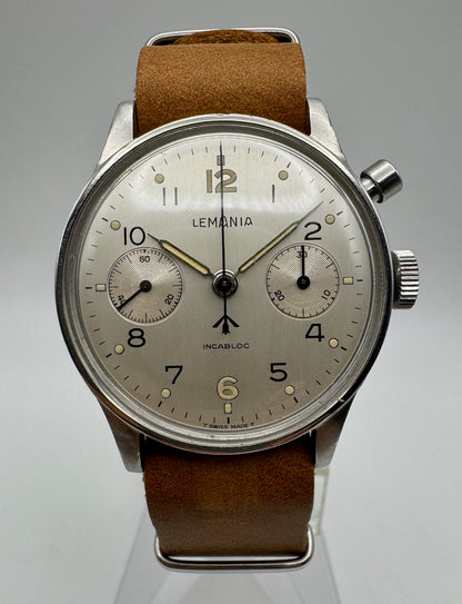 Lemania HS9 Monopusher Chronograph "RAN" Royal Australian Navy White Dial Extremely Rare ~1958 (Serviced)