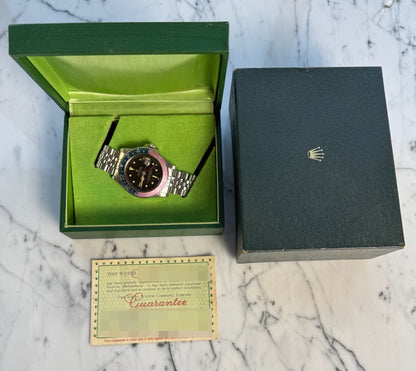 Rolex GMT-Master 1675 PCG Eagle Beak Tropical Glossy Gilt Chapter Ring Exclamation Point Faded Red Back Pepsi Vintage 1963 (Full-Set/Serviced)