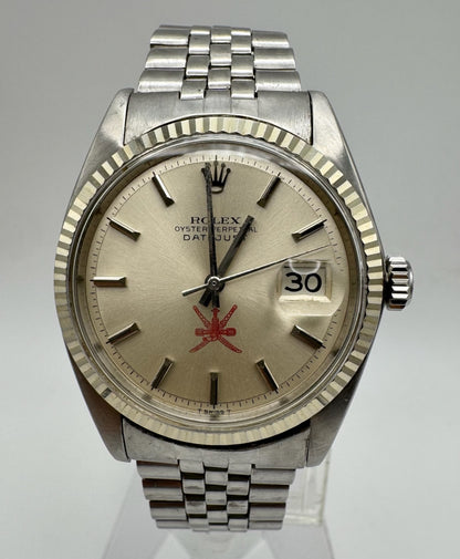 Rolex Datejust 36 1601 Red Khanjar Sultanate Of Oman Logo Silver Dial No Lume 1971 (Serviced)