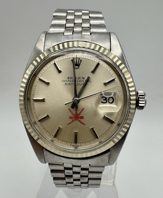 Rolex Datejust 36 1601 Red Khanjar Sultanate Of Oman Logo Silver Dial No Lume 1971 (Serviced)
