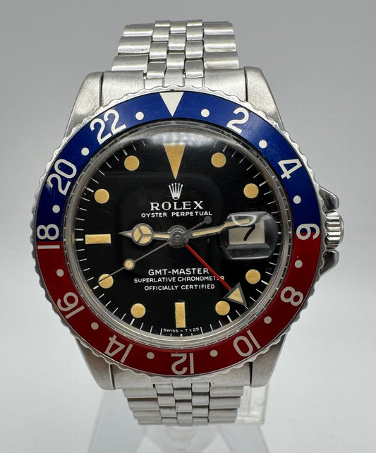Rolex GMT-Master 1675 MK1 Long E Pepsi Insert Zinc Sulfide Yellow Patina Lume 1968