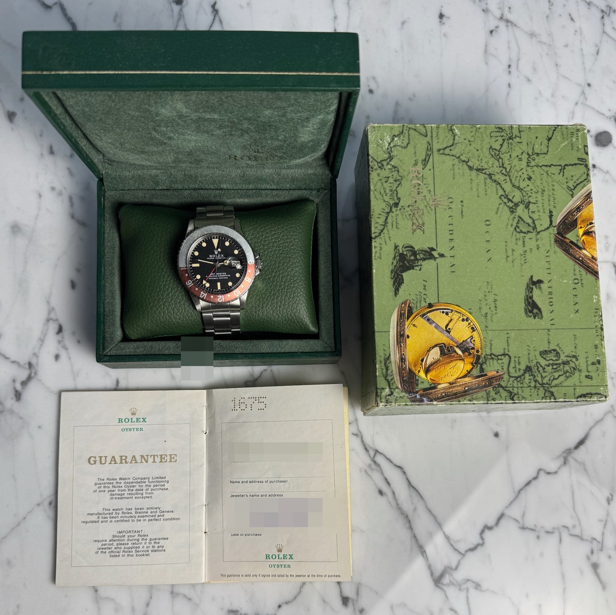 Rolex GMT-Master 1675 MK1 Long E Yellow Patina Faded Red Back Pepsi Insert 1970 (Full-Set/Serviced)