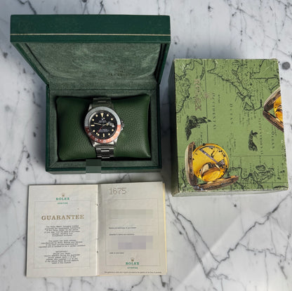 Rolex GMT-Master 1675 MK1 Long E Yellow Patina Faded Red Back Pepsi Insert 1970 (Full-Set/Serviced)