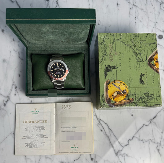 Rolex GMT-Master 1675 MK1 Long E Yellow Patina Faded Red Back Pepsi Insert 1970 (Full-Set/Serviced)