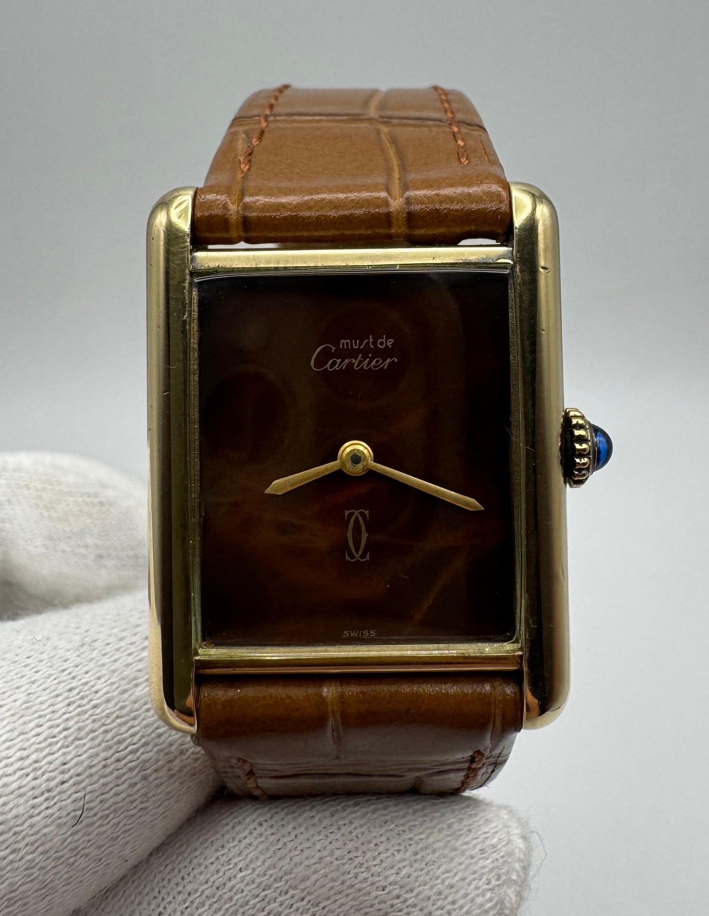 Cartier Tank Vermeil Gold Plated Wood Dial Manual Winding 1990 (Unpolished)
