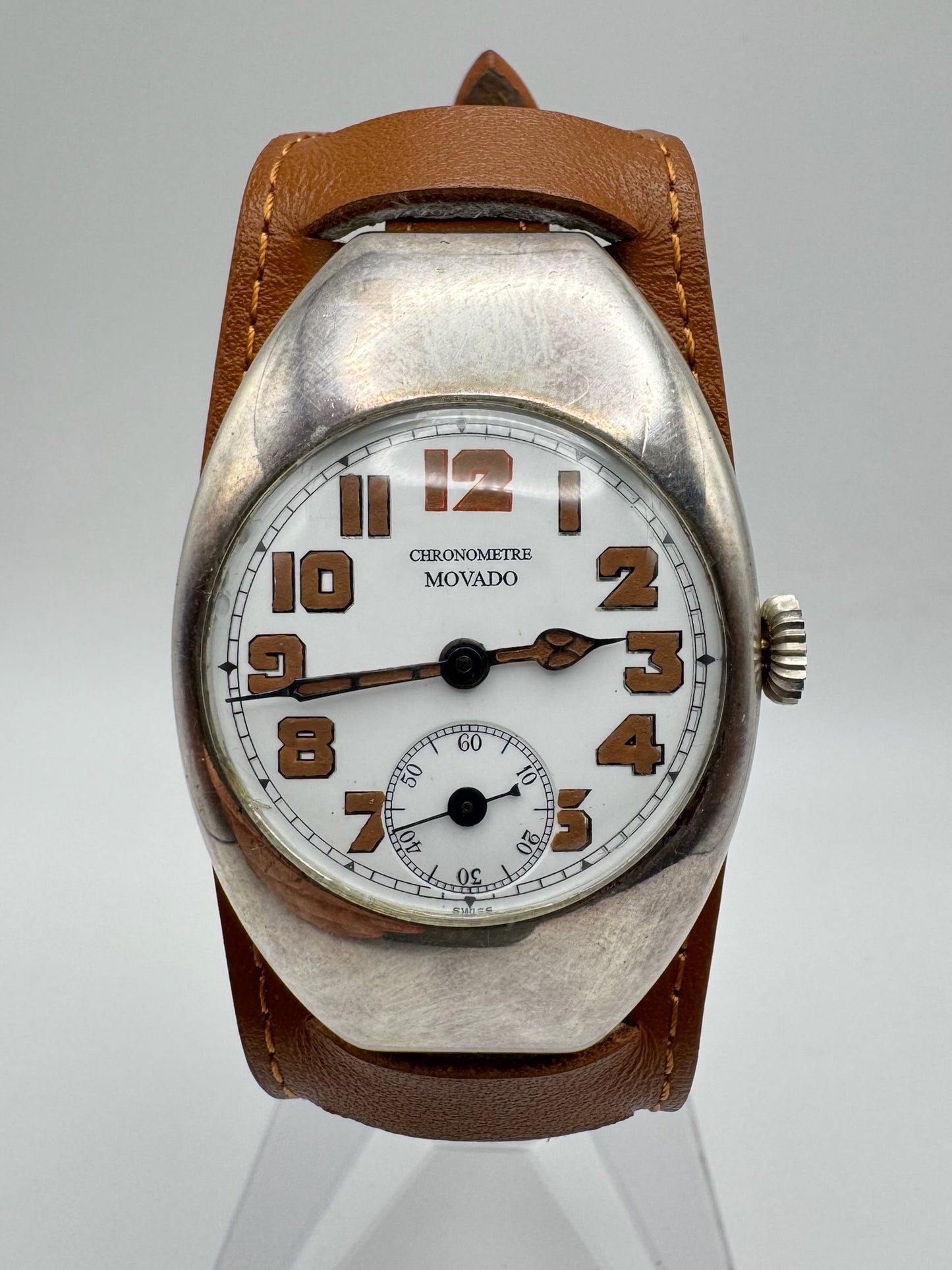 Movado Vintage Military Trench Watch Sterling Silver Large Case Porcelain Dial 1920s (Unpolished)