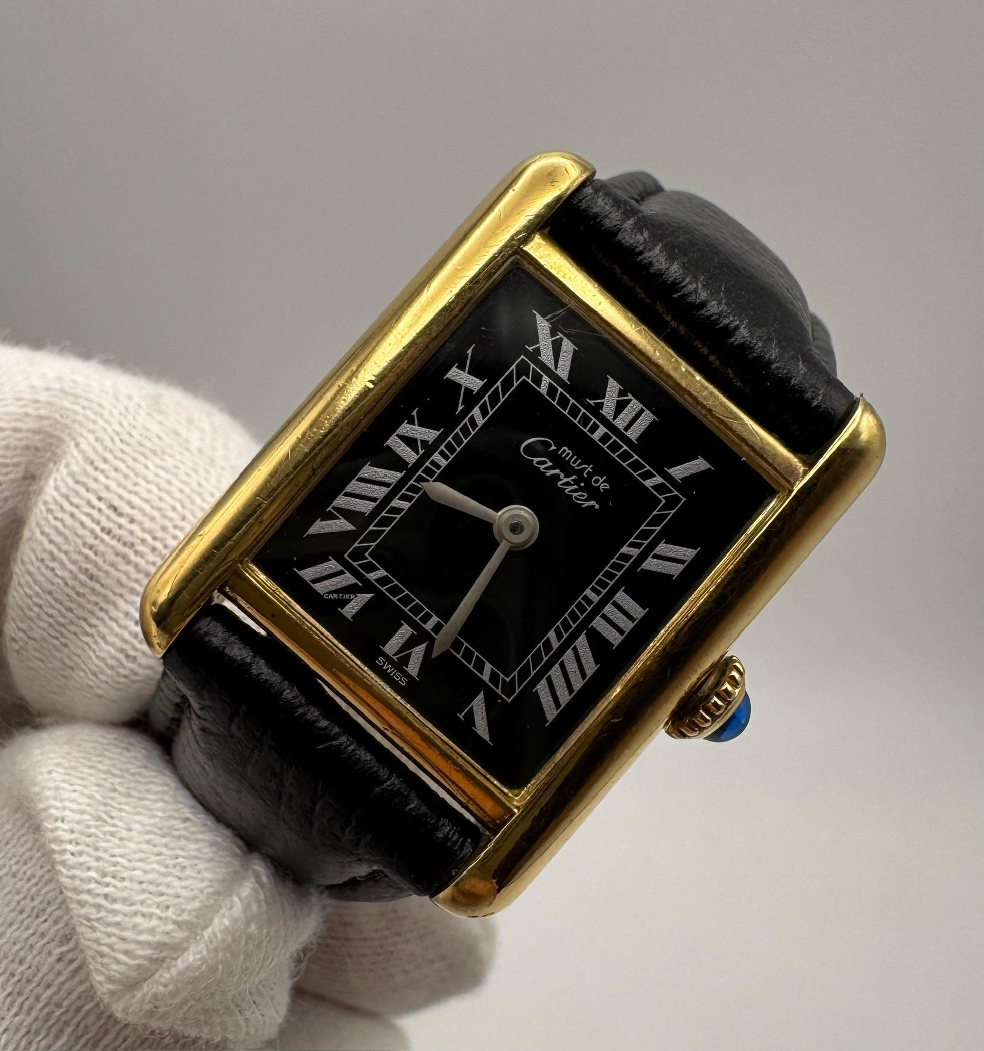 Cartier レトロ時計 ゴールド/ブラック Cartier Tank Vermeil Gold Plated Black Roman Dial 1990 (Unpolished