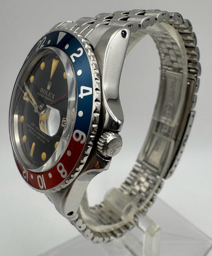 Rolex GMT-Master 1675 Glossy Gilt Mega Font Pepsi Insert Heavy Zinc Sulfide Patina 1964 (Serviced)