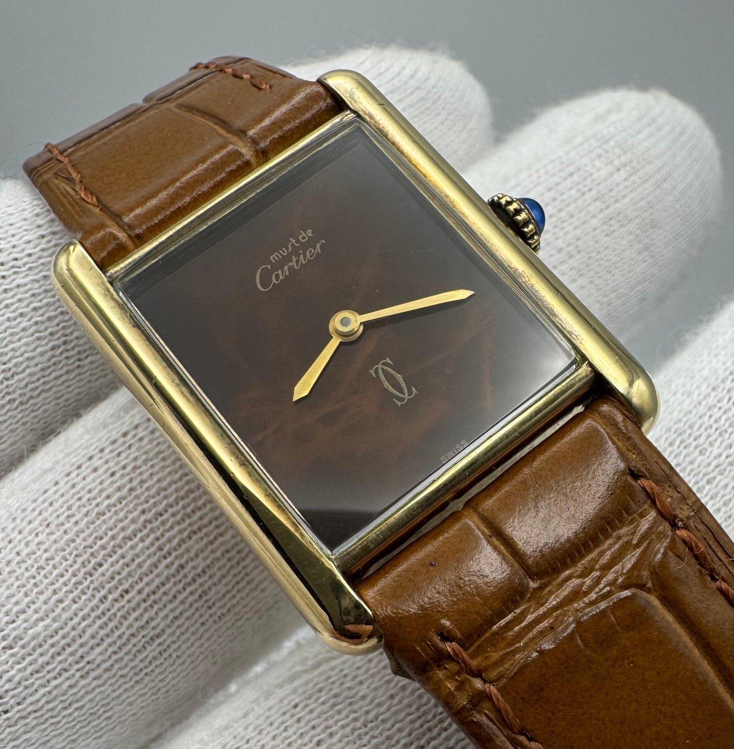 Cartier Tank Vermeil Gold Plated Wood Dial Manual Winding 1990 (Unpolished)