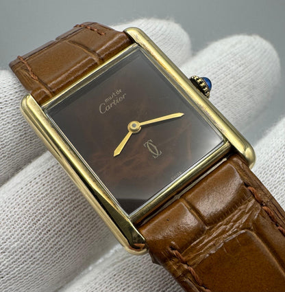 Cartier Tank Vermeil Gold Plated Wood Dial Manual Winding 1990 (Unpolished)
