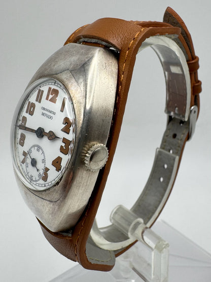 Movado Vintage Military Trench Watch Sterling Silver Large Case Porcelain Dial 1920s (Unpolished)