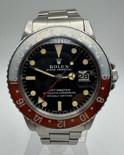 Rolex GMT-Master 1675 MK1 Long E Yellow Patina Faded Red Back Pepsi Insert 1970 (Full-Set/Serviced)
