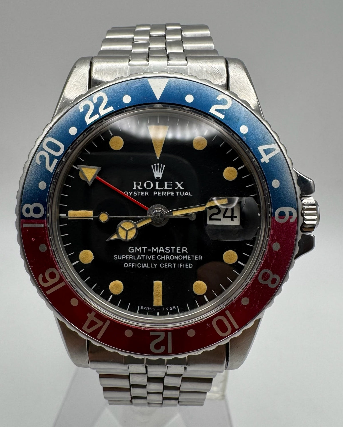 Rolex GMT-Master 1675 MK1 Long E Heavy Patina Pepsi Red Back Jubilee 1967 (Full-Set/Serviced)