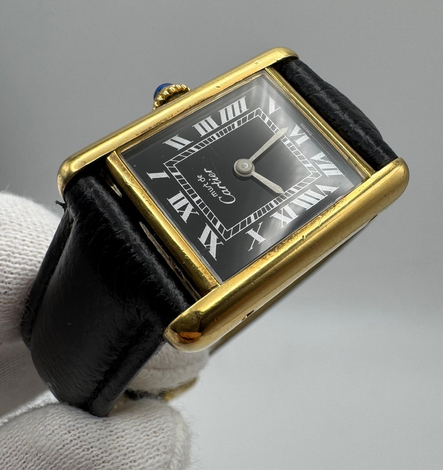 Cartier Tank Vermeil Gold Plated Black Roman Dial 1990 (Unpolished/Serviced)