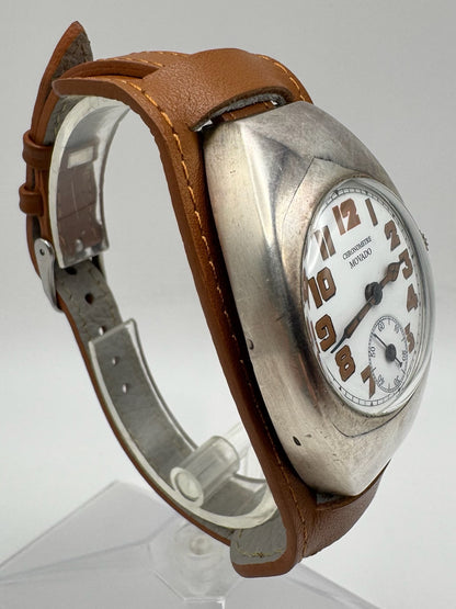 Movado Vintage Military Trench Watch Sterling Silver Large Case Porcelain Dial 1920s (Unpolished)