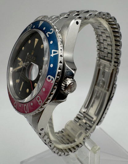 Rolex GMT-Master 1675 PCG Eagle Beak Tropical Glossy Gilt Chapter Ring Exclamation Point Faded Red Back Pepsi Vintage 1963 (Full-Set/Serviced)