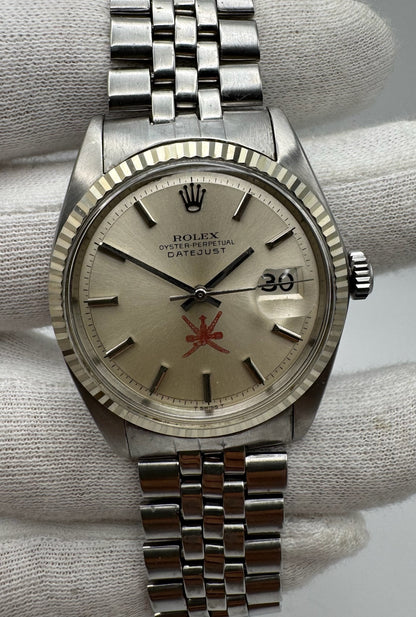Rolex Datejust 36 1601 Red Khanjar Sultanate Of Oman Logo Silver Dial No Lume 1971 (Serviced)