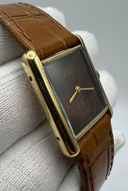 Cartier Tank Vermeil Gold Plated Wood Dial Manual Winding 1990 (Unpolished)