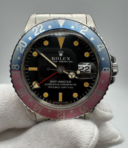 Rolex GMT-Master 1675 MK1 Long E Yellow Patina Red Back Faded Pepsi Insert 1970 (Serviced)
