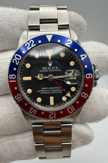 Rolex GMT-Master 1675 Pepsi Matte Tritium Dial Yellow Patina Vintage 1970