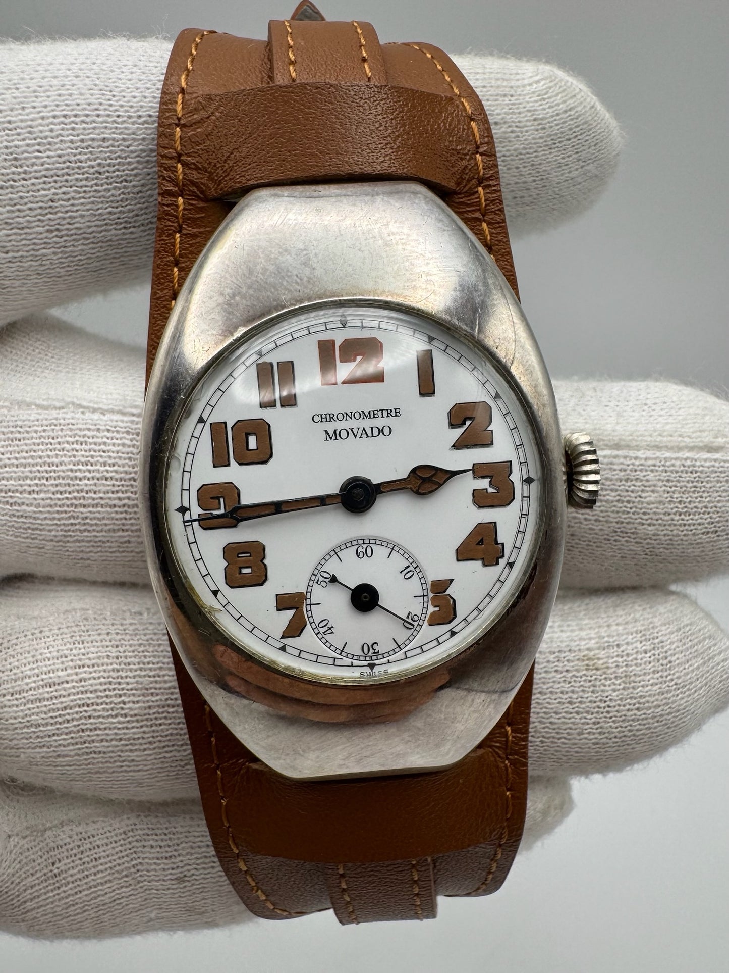 Movado Vintage Military Trench Watch Sterling Silver Large Case Porcelain Dial 1920s (Unpolished)