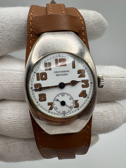 Movado Vintage Military Trench Watch Sterling Silver Large Case Porcelain Dial 1920s (Unpolished)