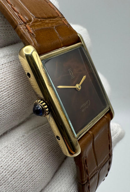 Cartier Tank Vermeil Gold Plated Wood Dial Manual Winding 1990 (Unpolished)