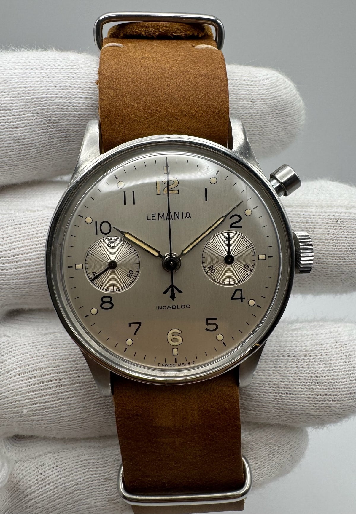 Lemania HS9 Monopusher Chronograph "RAN" Royal Australian Navy White Dial Extremely Rare ~1958 (Serviced)