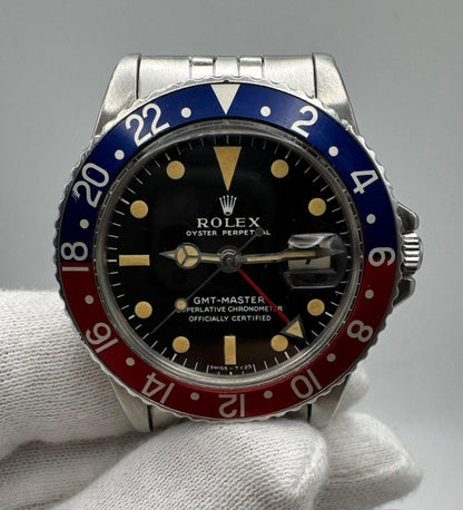 Rolex GMT-Master 1675 MK1 Long E Pepsi Insert Zinc Sulfide Yellow Patina Lume 1968
