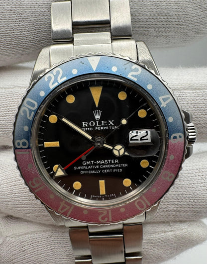 Rolex GMT-Master 1675 MK1 Long E Yellow Patina Red Back Faded Pepsi Insert 1970 (Serviced)