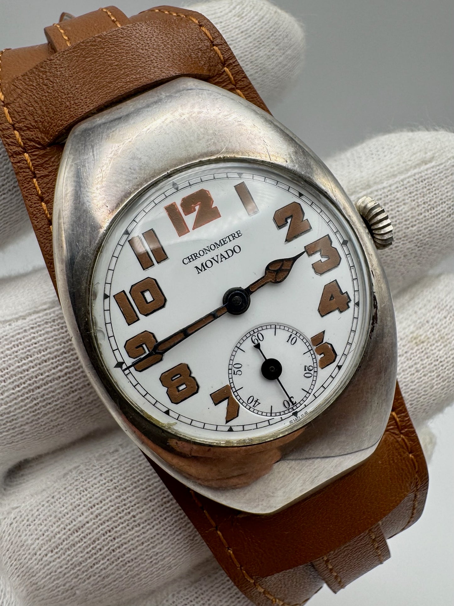 Movado Vintage Military Trench Watch Sterling Silver Large Case Porcelain Dial 1920s (Unpolished)