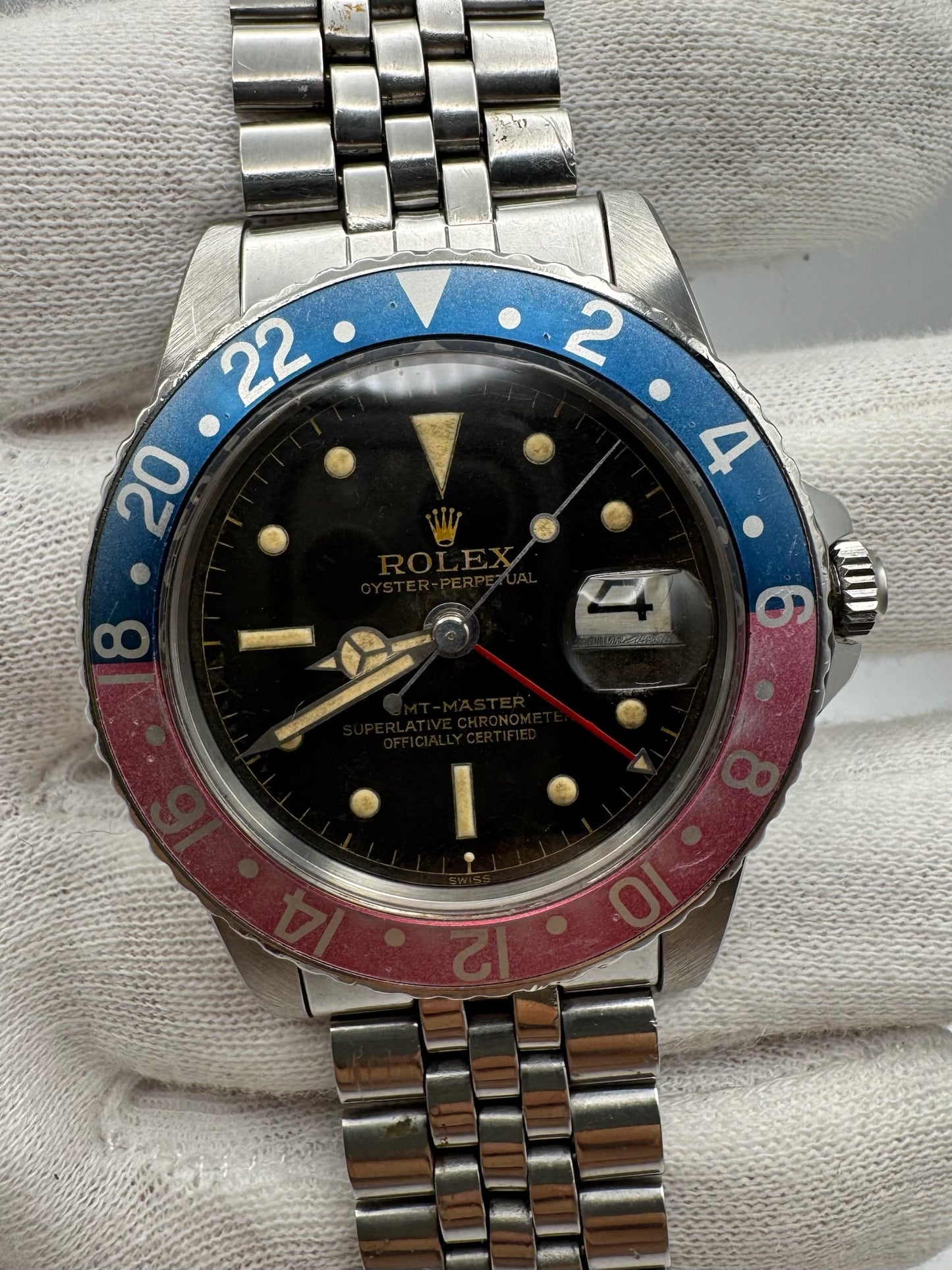Rolex GMT-Master 1675 PCG Eagle Beak Tropical Glossy Gilt Chapter Ring Exclamation Point Faded Red Back Pepsi Vintage 1963 (Full-Set/Serviced)