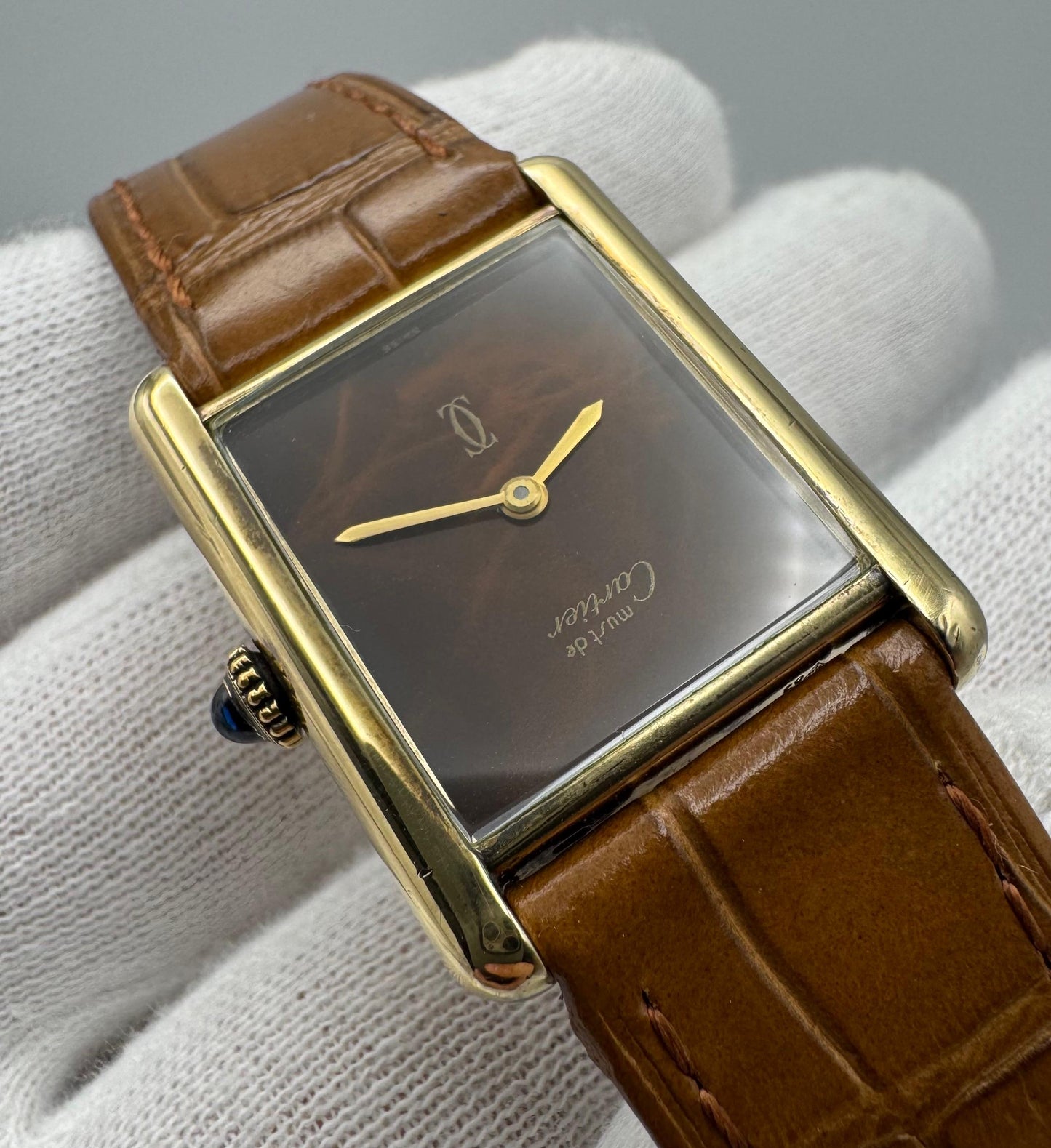 Cartier Tank Vermeil Gold Plated Wood Dial Manual Winding 1990 (Unpolished)