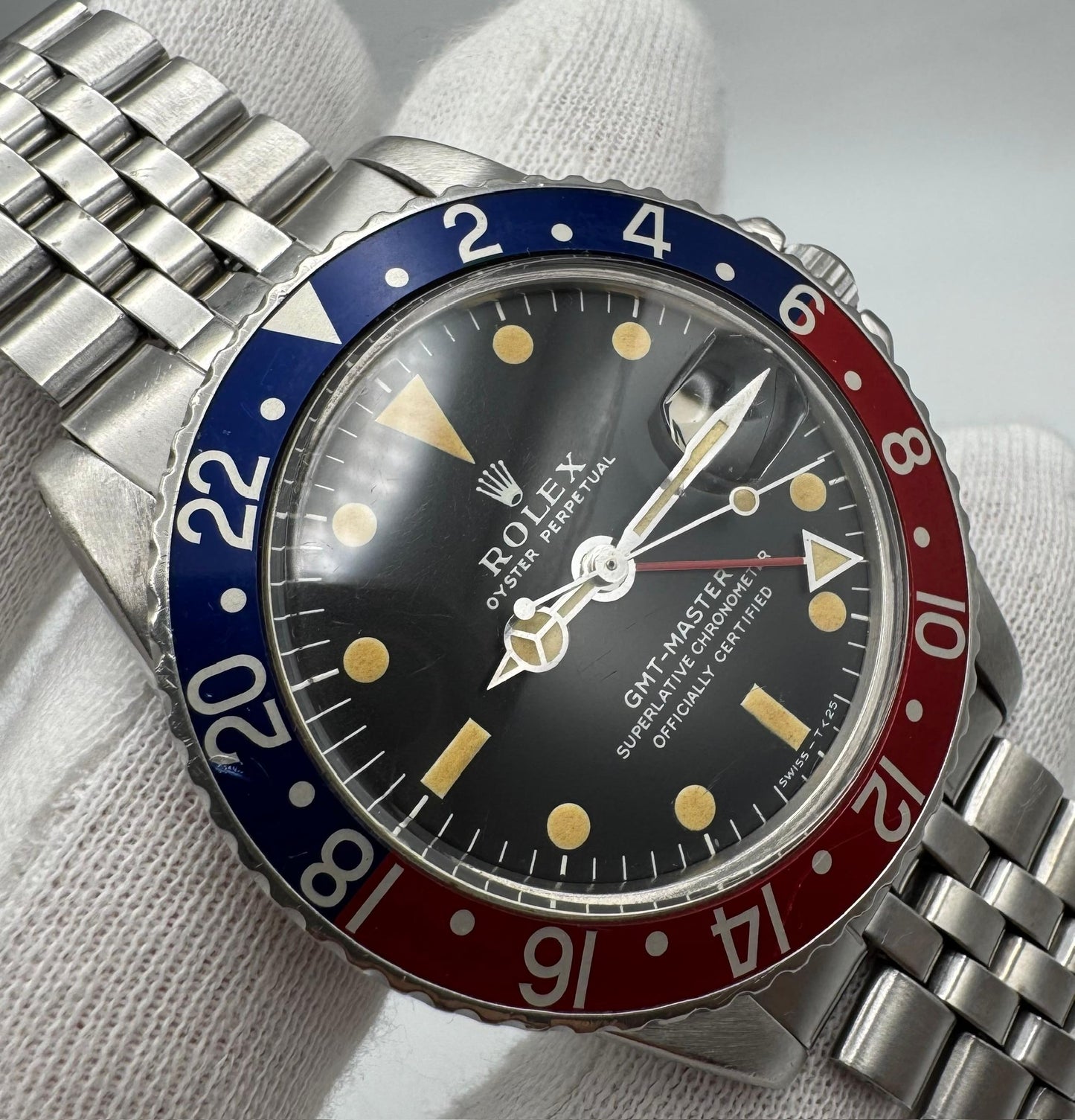 Rolex GMT-Master 1675 MK1 Long E Pepsi Insert Zinc Sulfide Yellow Patina Lume 1968