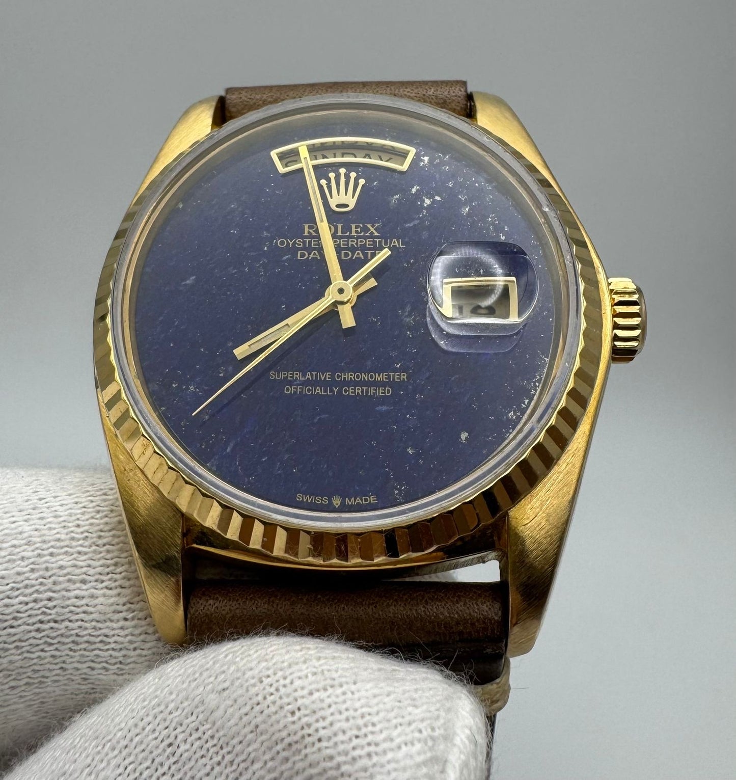Rolex Day-Date 36 18038 Yellow Gold Aftermarket Real Lapis Lazuli Dial 1983 (Serviced)