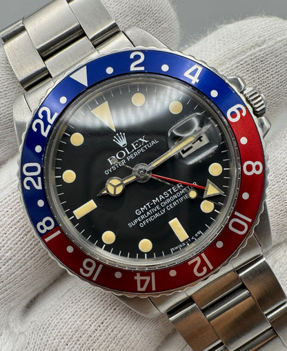 Rolex GMT-Master 1675 Pepsi Matte Tritium Dial Yellow Patina Vintage 1970