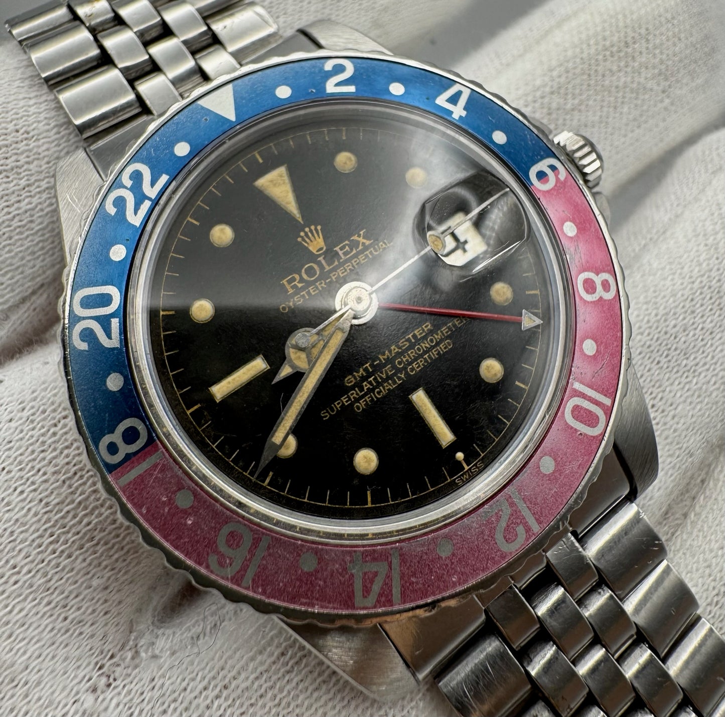 Rolex GMT-Master 1675 PCG Eagle Beak Tropical Glossy Gilt Chapter Ring Exclamation Point Faded Red Back Pepsi Vintage 1963 (Full-Set/Serviced)