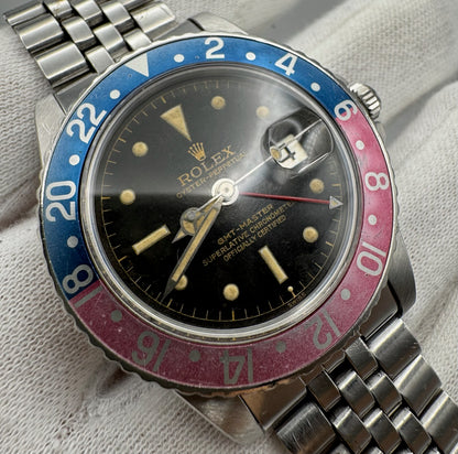 Rolex GMT-Master 1675 PCG Eagle Beak Tropical Glossy Gilt Chapter Ring Exclamation Point Faded Red Back Pepsi Vintage 1963 (Full-Set/Serviced)