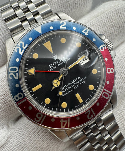 Rolex GMT-Master 1675 MK1 Long E Heavy Patina Pepsi Red Back Jubilee 1967 (Full-Set/Serviced)