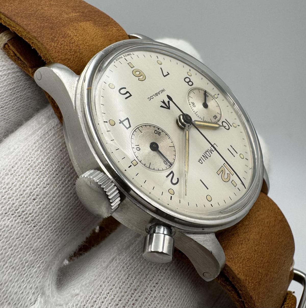 Lemania HS9 Monopusher Chronograph "RAN" Royal Australian Navy White Dial Extremely Rare ~1958 (Serviced)
