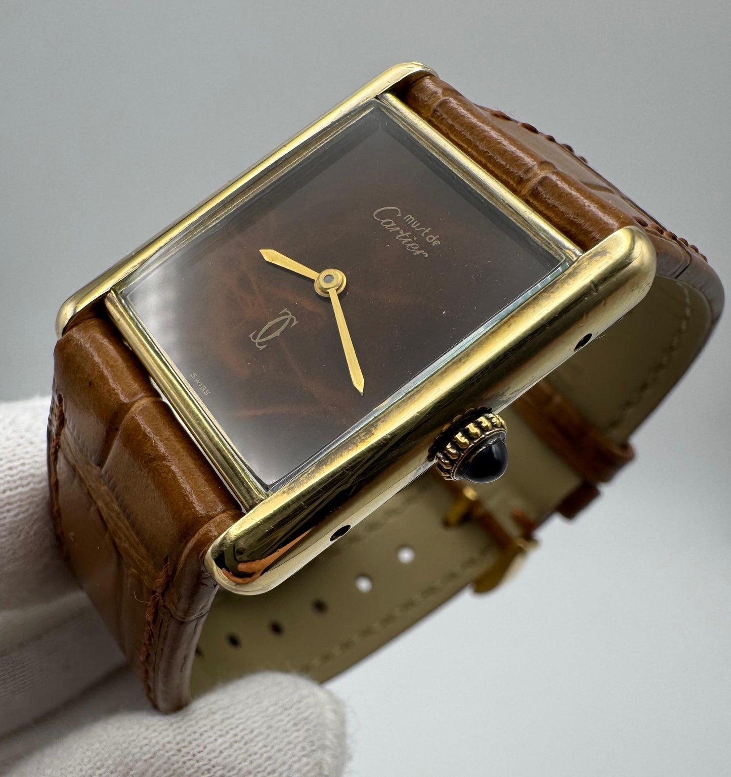 Cartier Tank Vermeil Gold Plated Wood Dial Manual Winding 1990 (Unpolished)