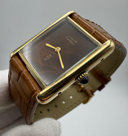Cartier Tank Vermeil Gold Plated Wood Dial Manual Winding 1990 (Unpolished)
