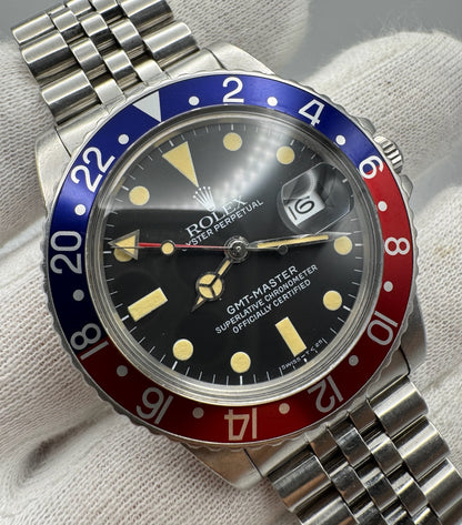 Rolex GMT-Master 16750 MK1 Matte Dial Yellow Patina Pepsi Jubilee 1983 (Full-Set/Serviced)