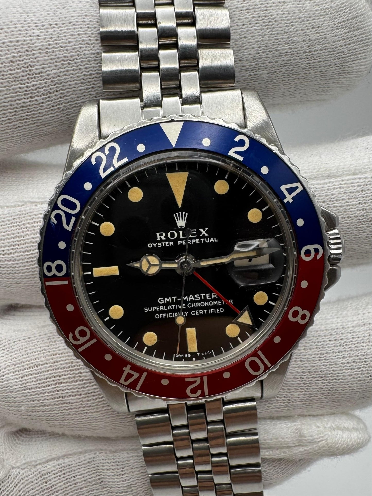 Rolex GMT-Master 1675 MK1 Long E Pepsi Insert Zinc Sulfide Yellow Patina Lume 1968